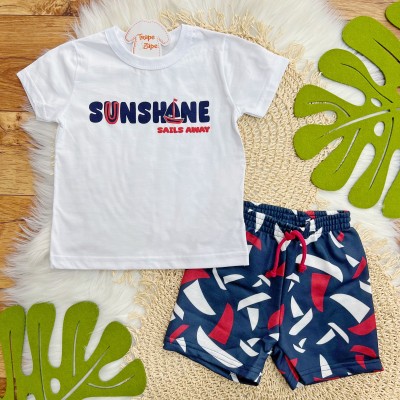 Conj. Camiseta Sunshine e Bermuda Barcos - Branco e Vermelho
